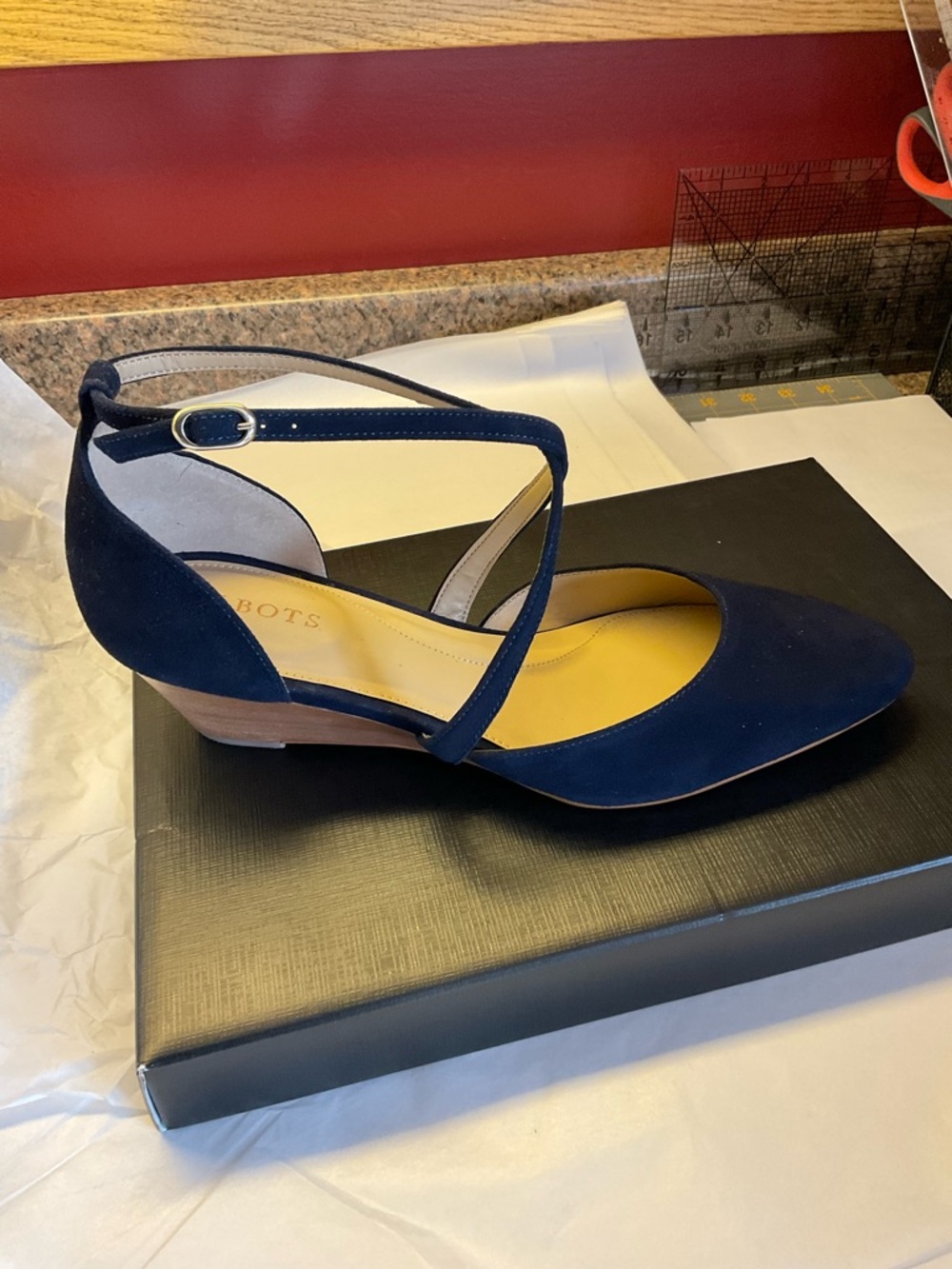 Talbots Navy Suede Low Wedge Ankle Strap Heels